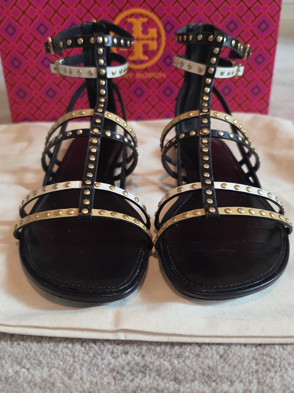 Tory Burch Black Leather Studded Gladiator Sandals - Picture 3 of 14